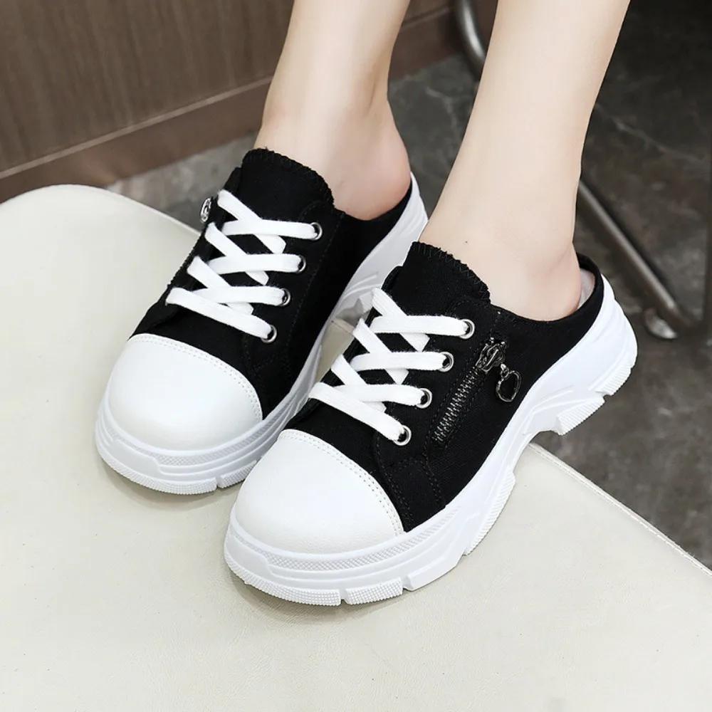Canvas Half Dragged Women's Shoes Spring Summer Breathable Thick Soled Height Increasing Casual Shoes Fashion Slippers Women