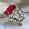 Винтажное кольцо King Gold Filled AAAAA CZ Red Zircon Luxury Помолвочные ювелирные изделия Обручальные кольца для мужчин Рок-вечеринка Кольцо на палец