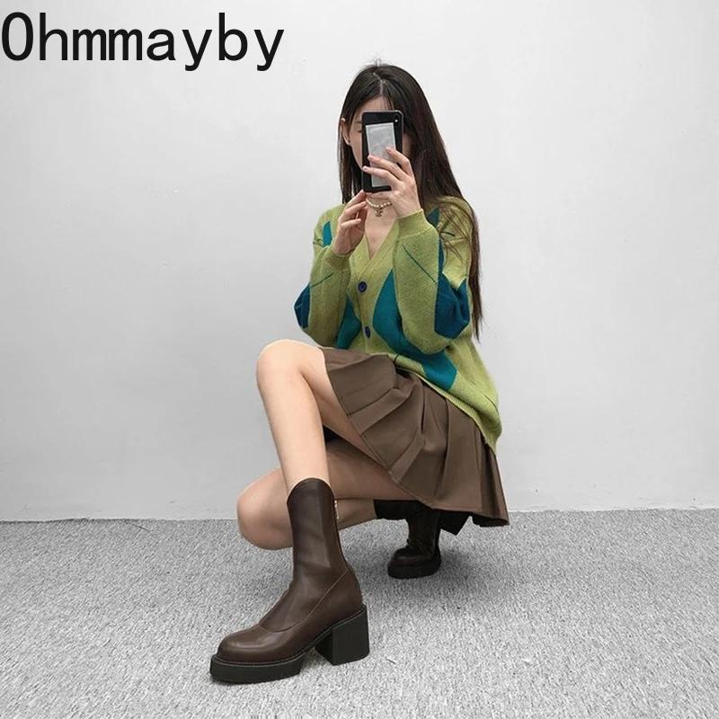 Мода толстые высокие каблуки женские ботильоны модные молнии сзади утягивающие короткие ботинки осень зима женская обувь