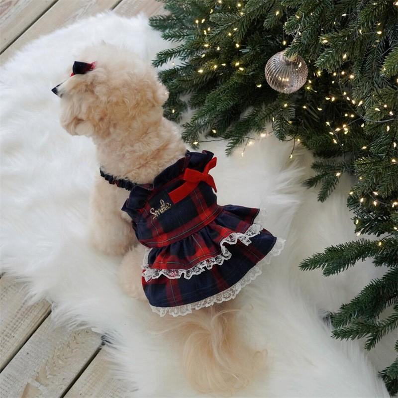 Pet Dog Christmas Dress Plaid Skirt Outfit With Lace Trim Sweet Style Cotton Blend Holiday Costume Small Medium Dogs