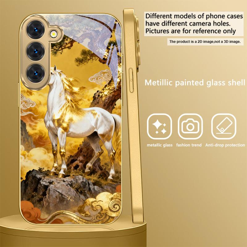 Высокая и крепкая лошадь Для Samsung Galaxy S26 S20 FE S21 S22 S23 Plus S24 Ultra S25Ultra S21+ S22Plus Золотой стеклянный чехол для телефона