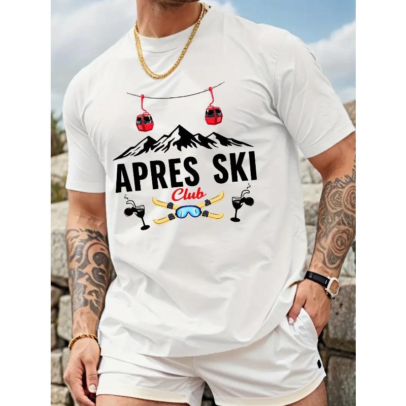 Мужская футболка с графическим принтом Apres Ski Club - Хлопок, Повседневная летняя футболка с принтом на тему катания на лыжах, Круглый вырез, Обычный крой, Дышащая микроэластичная трикотажная ткань