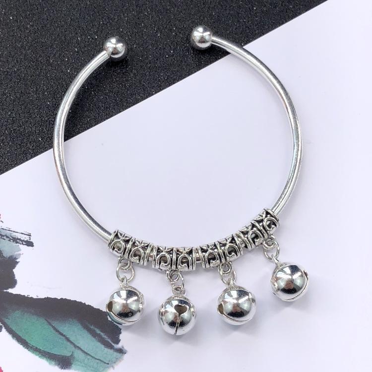 Retro Ethnic Style Tibetan Silver Bracelet Women's Versatile Fashion Bell Flower Pendant Adjustable Bracelet with Accessories