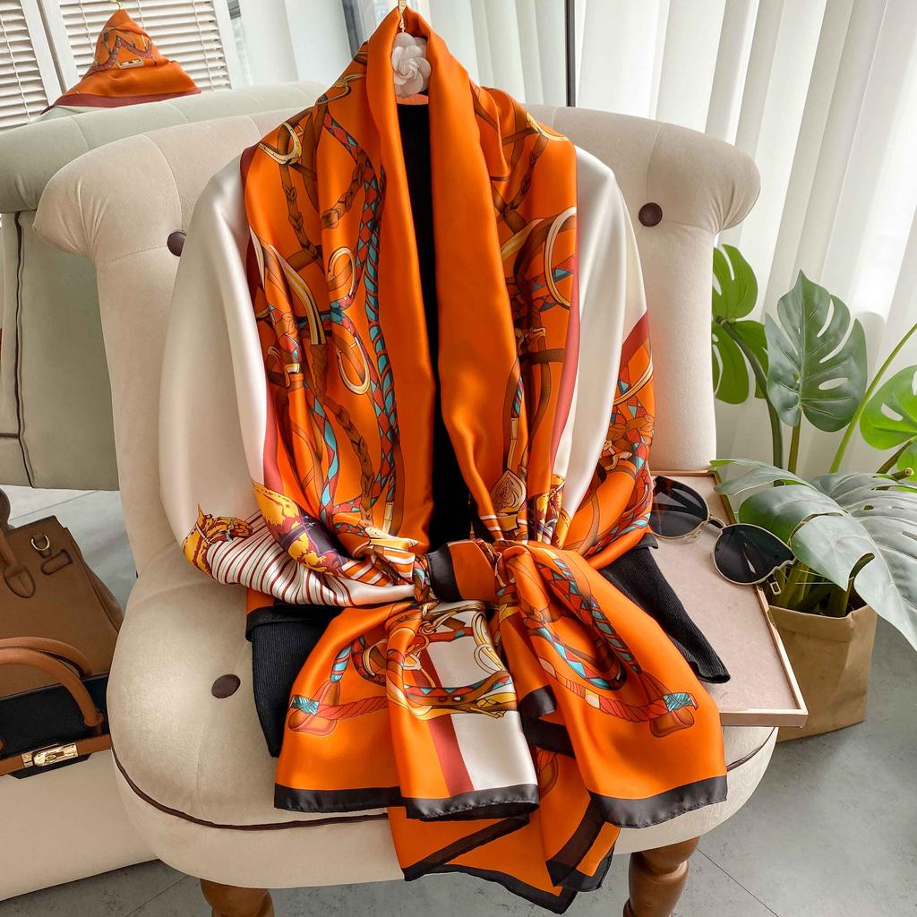 New 180*90cm Fashion Silk Scarf Scarftop Headwraps Women Vintage Four Seasons Hair Scarve Hijab Foulard Bandana Femme Headscarf