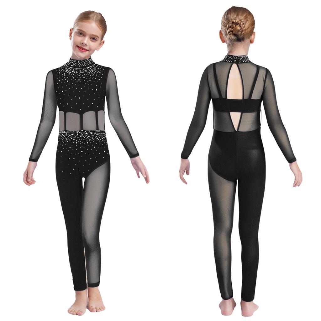 Girls Dance Performance Jumpsuit Full Body Leotard Long Sleeve Mock Neck Mesh Patchwork Keyhole Back Bodysuit