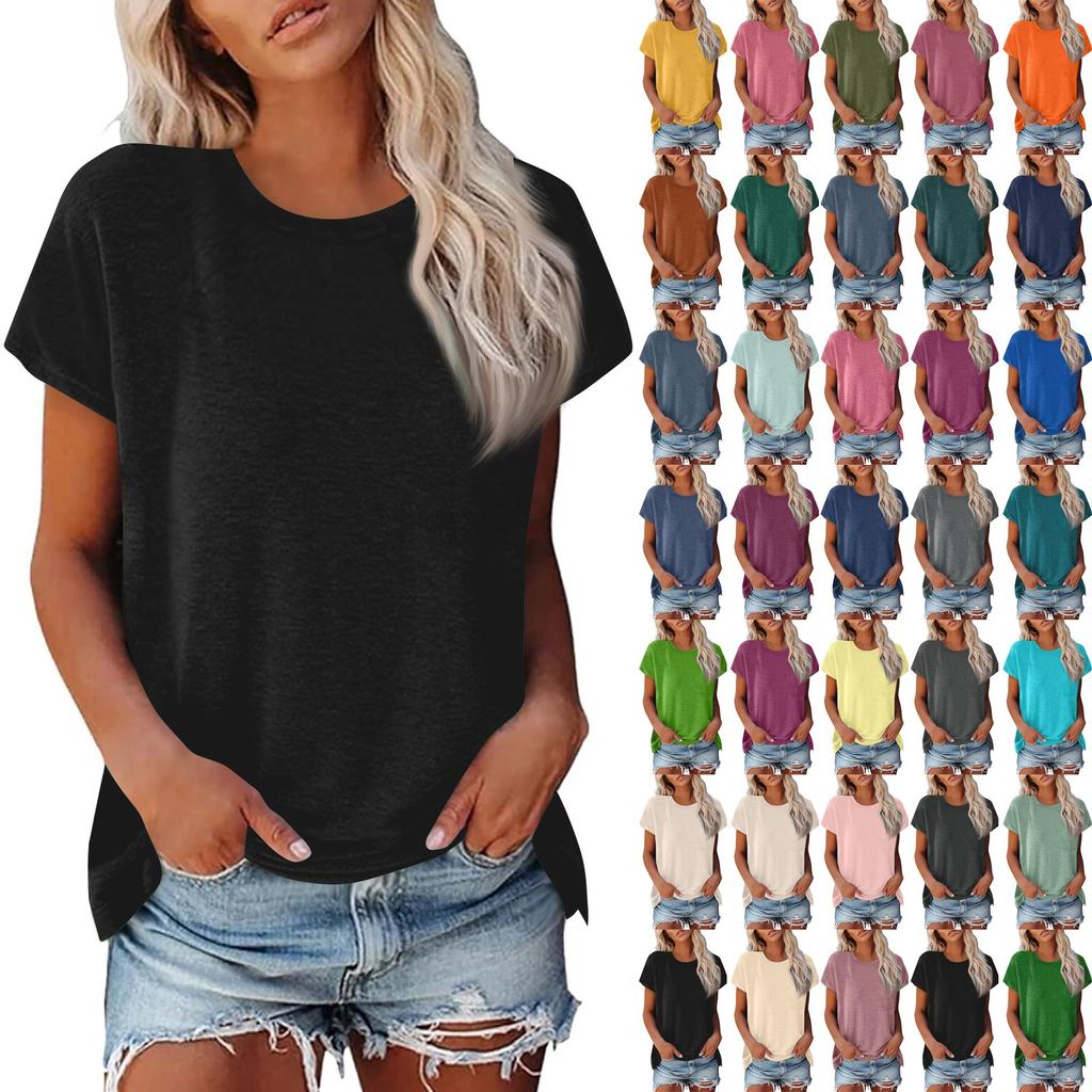 Женская летняя повседневная базовая футболка с круглым вырезом, однотонные топы, хлопковые повседневные женские топы с короткими рукавами, топы, спортивная рубашка
