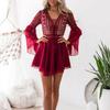Women Mini Dress V Neck Long Flared Sleeve Crochet Hollow Out Chiffon Bandage Party Dress