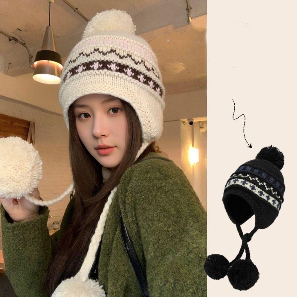 Printed Jacquard Knitted Hat Warm Ear Protection Hat Sweet Lei Feng Hat Outdoor