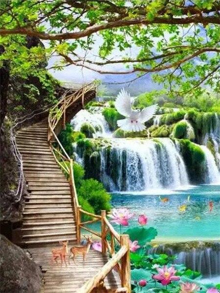 5d Алмазная картина Полный дрель Квадратный пейзаж Водопад Алмазная вышивка Продажа Цветочная мозаика Домашний декор