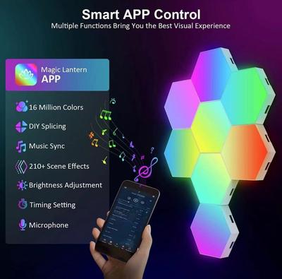 RGB интеллектуальный шестиугольный настенный светильник, меняющий цвет, окружающий ночник DYI, форма, музыкальный ритм, управление через приложение для игровой комнаты, спальни