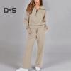 2Pcs/Set Women Solid Color Casual Outfit Lapel Zipper Neckline Long Sleeve Sweatshirt Elastic Waist Drawstring Wide Leg Pants Set