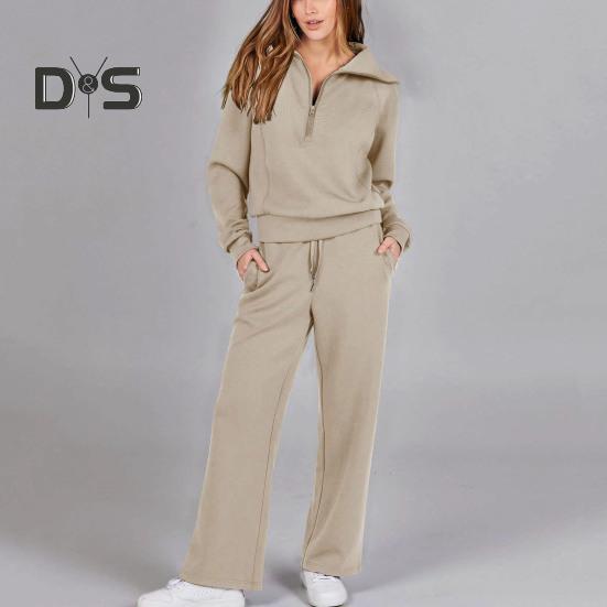 2Pcs/Set Women Solid Color Casual Outfit Lapel Zipper Neckline Long Sleeve Sweatshirt Elastic Waist Drawstring Wide Leg Pants Set