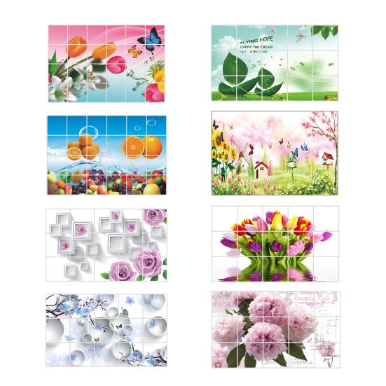 Kitchen Oil Proof Wall Stickers Flowers/Fruits/Green Leaves Waterproof Backsplash Wall Protector Film Removable Tile Decal for Cupboard