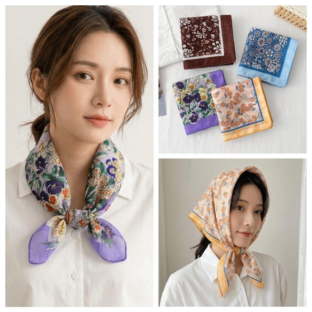 Square Cotton Linen Square Scarf Pastoral Style Scarf Hair Band Headband Floral Kerchief Women