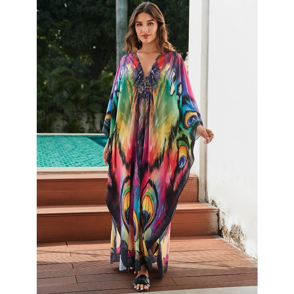 Женское платье-кафтан в стиле бохо большого размера с контрастным принтом свободного кроя Vacay Beach
