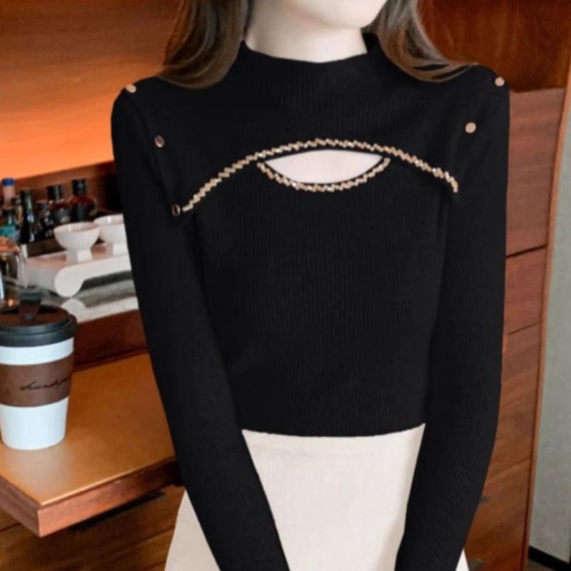 Полувысокий ворот с гвоздями и бусинами, ажурная модная трикотажная базовая рубашка для женщин с длинными рукавами, универсальный топ на осень и зиму