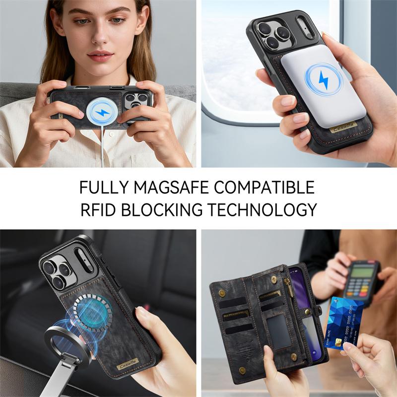CaseMe Магнитный кожаный чехол-книжка для телефона iPhone 17 Pro Max 17 Air 16 16E 15 Plus 14 13 12 11 XS X XR SE 2022 Кошелек на молнии Задняя крышка с держателем для карт Coque