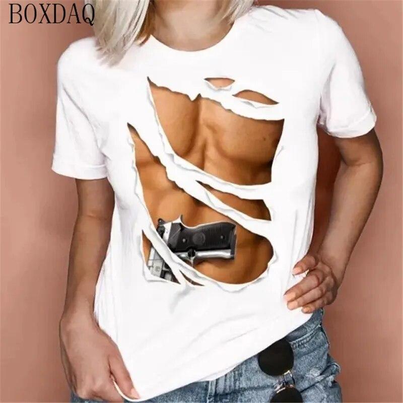 Женские летние крутые футболки, сексуальная перспектива, 3D-сиськи с принтом, женская футболка с короткими рукавами, летние уличные топы с круглым вырезом и узором груди