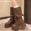Platform Women High Boots Designer Leather Buckle Mid Heels Shoes 2025 Trend Mid Calf Chunky Pumps Winter Motorcycle Botas Mujer