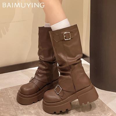 Платформа Женские Высокие Сапоги Дизайнер Кожа Пряжка Средний Каблук Обувь Тренд 2025 Длина до Середины Икры Массивные Туфли Зима Мотоциклетные Сапоги Женские