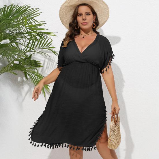 Women Bikini Cover Up Dress Solid Color V-Neck Short Sleeve Elastic High Waist Tassel Patchwork Cover Up Dress