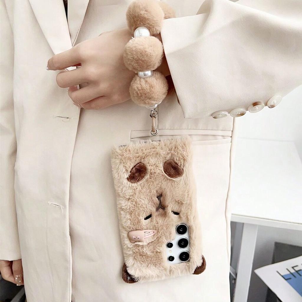 Cute Brown Hair Clip Capybara Plush Phone Case and with Chain for Samsung Galaxy S20 S21 S22 S23 S24 Fall/winter Phone Case
