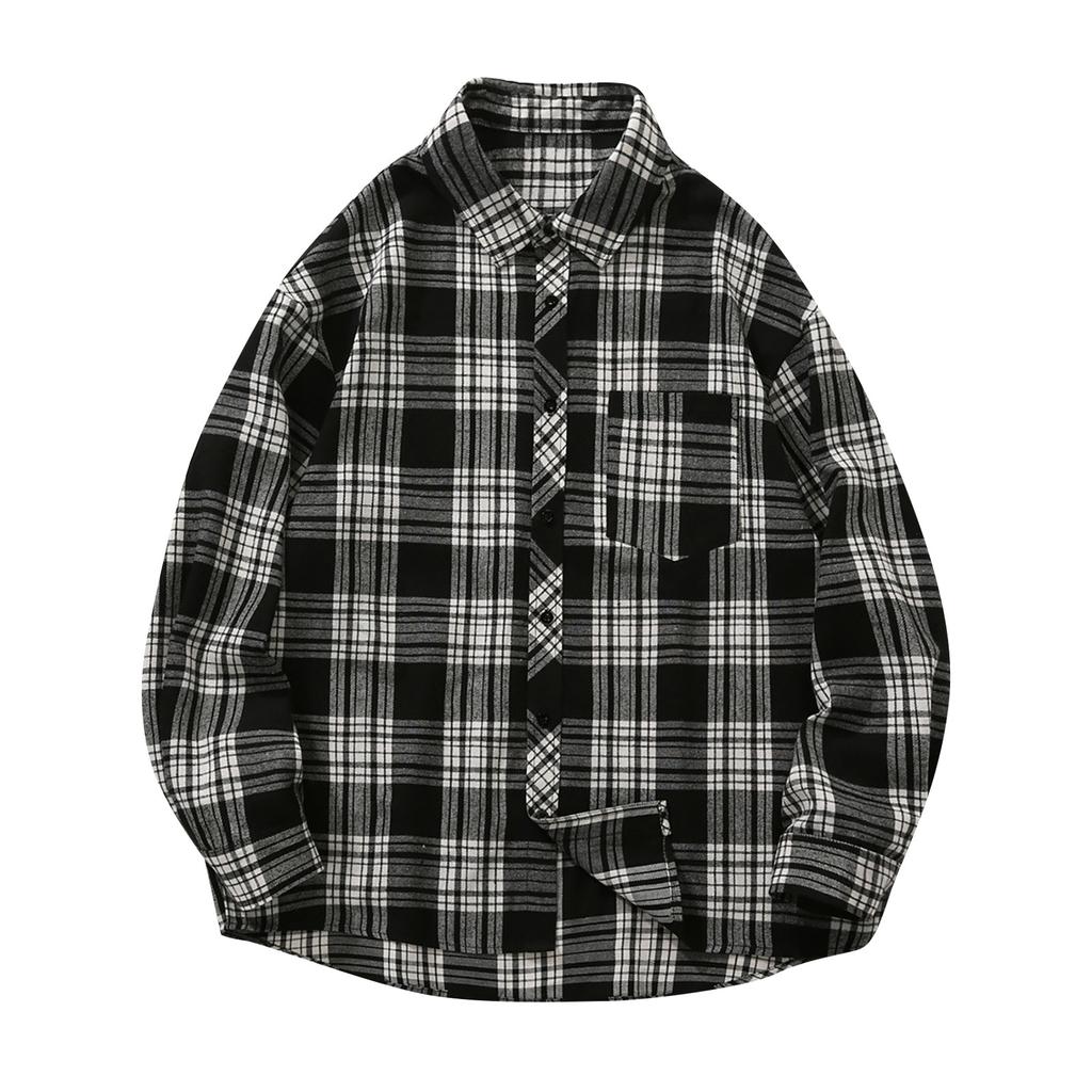 Мужская модная повседневная свободная клетчатая рубашка с карманами и лацканами с длинным рукавом, верхняя блузка