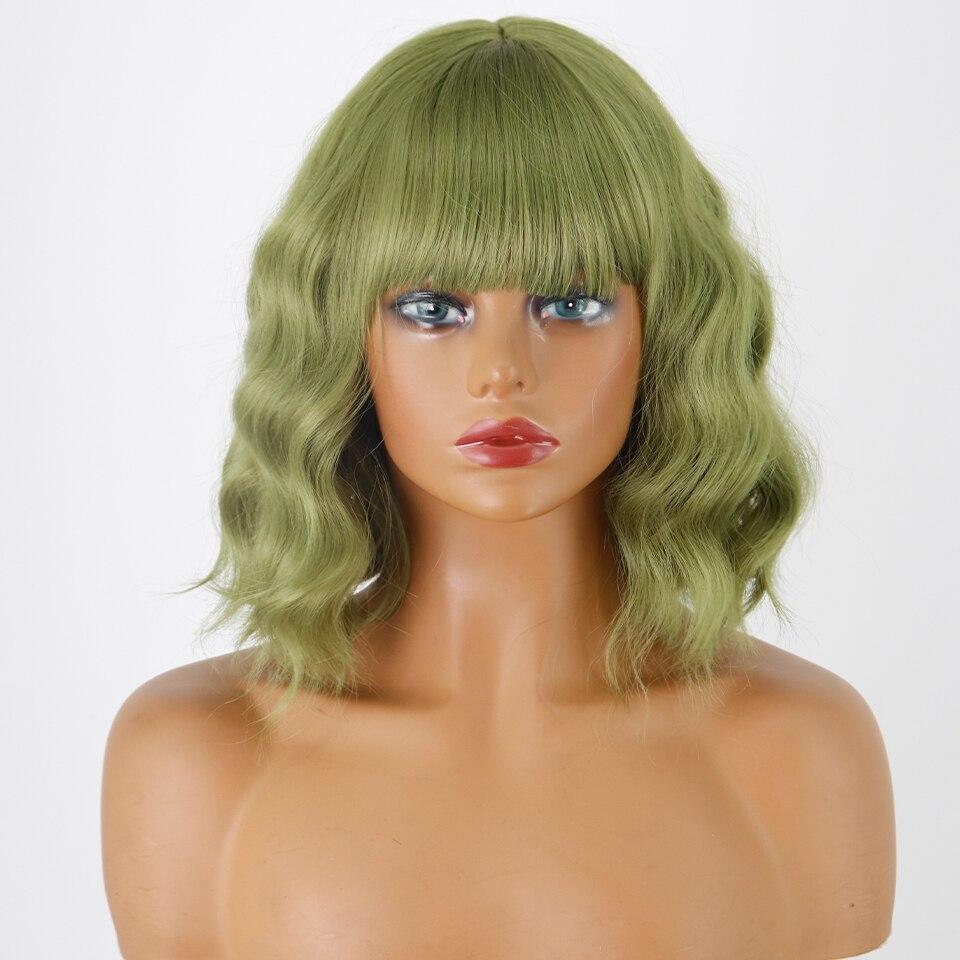 XINRAN Synthetic Short Amber Gold Wig Wave Wave Wave Hair with Air Bangs Female Synthetic Curly Hair Soft Wave Wig Suitable for Girl