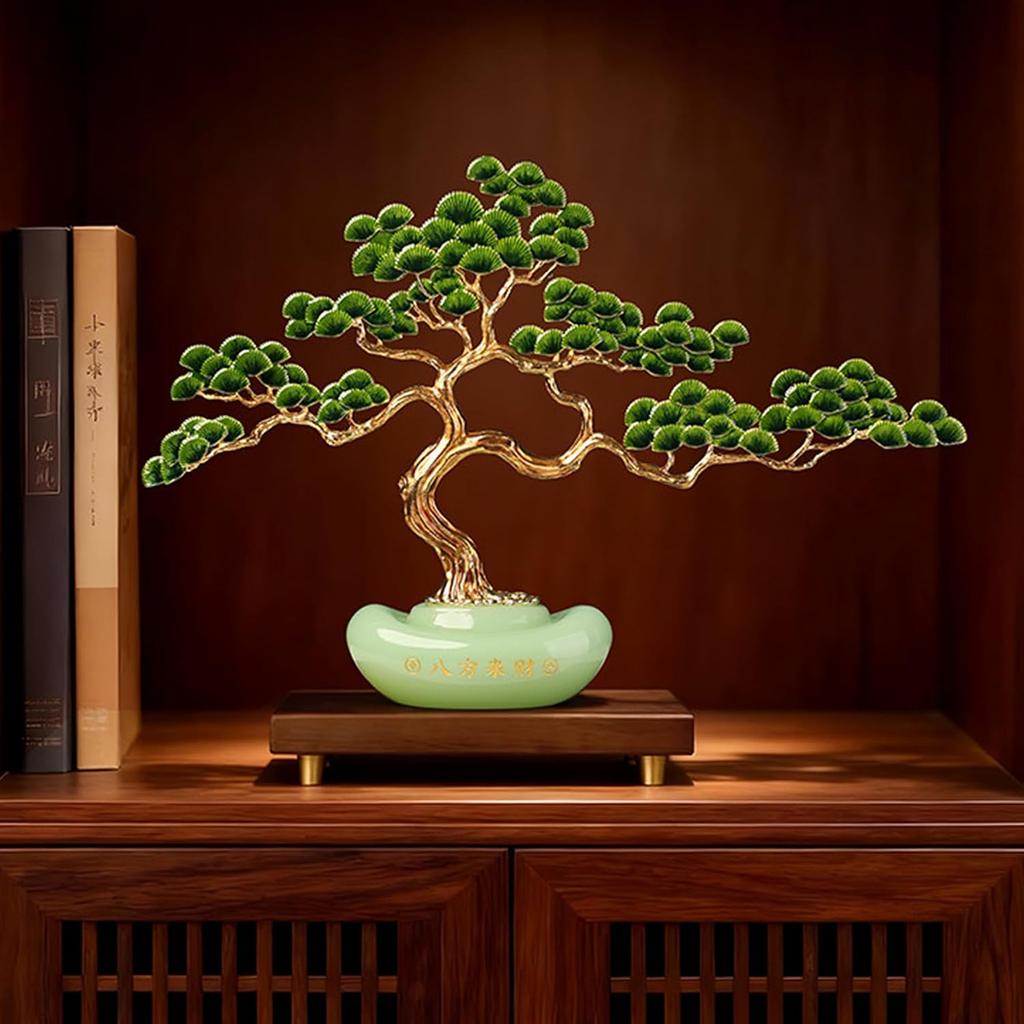 Aris & Juno Alloy Welcome Pine Fortune Tree with Golden Ingot, Modern Chinese Style Wealth Sculpture, Glass Enamel Decor for Home Office Desk
