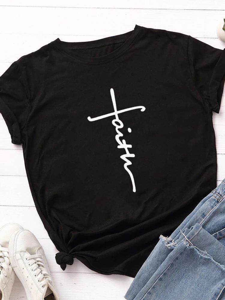 Faith Letter Print Женская футболка с коротким рукавом и круглым вырезом Свободная женская футболка Женская футболка Топы Одежда Camisetas Mujer