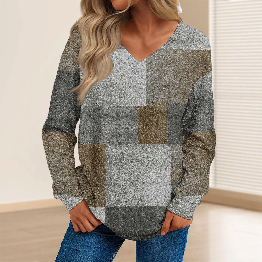 Women's Fashion Casual Long Sleeve Printed V- Neck Sweater Top