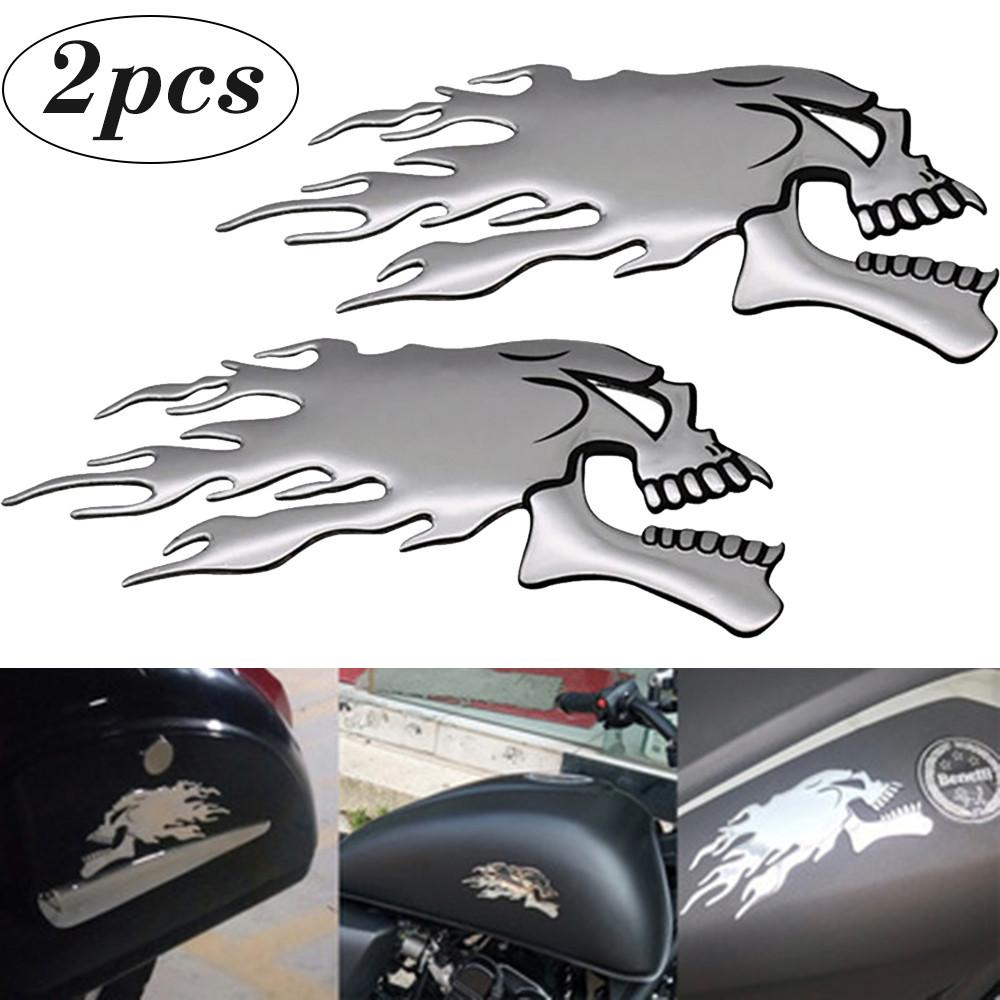 Motorbike Motorcycle Tank Car Sliver Flaming Skull 3D Gel Sticker Decal L/R Pair