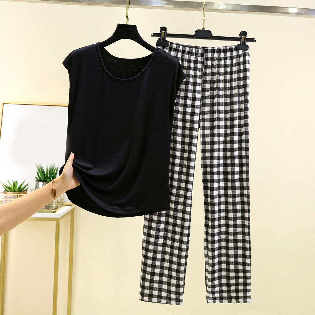 Женский повседневный и удобный топ с круглым вырезом однотонной расцветки и брюки с клетчатым принтом большого размера