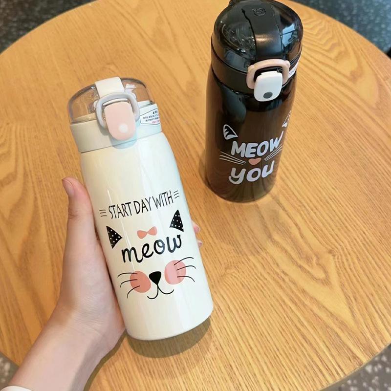 350 мл/500 мл Мультяшная Милая Кошка Термокружка для Путешествий Нержавеющая Сталь Вакуумная Колба Термос Бутылка для Воды с Трубочкой Портативная