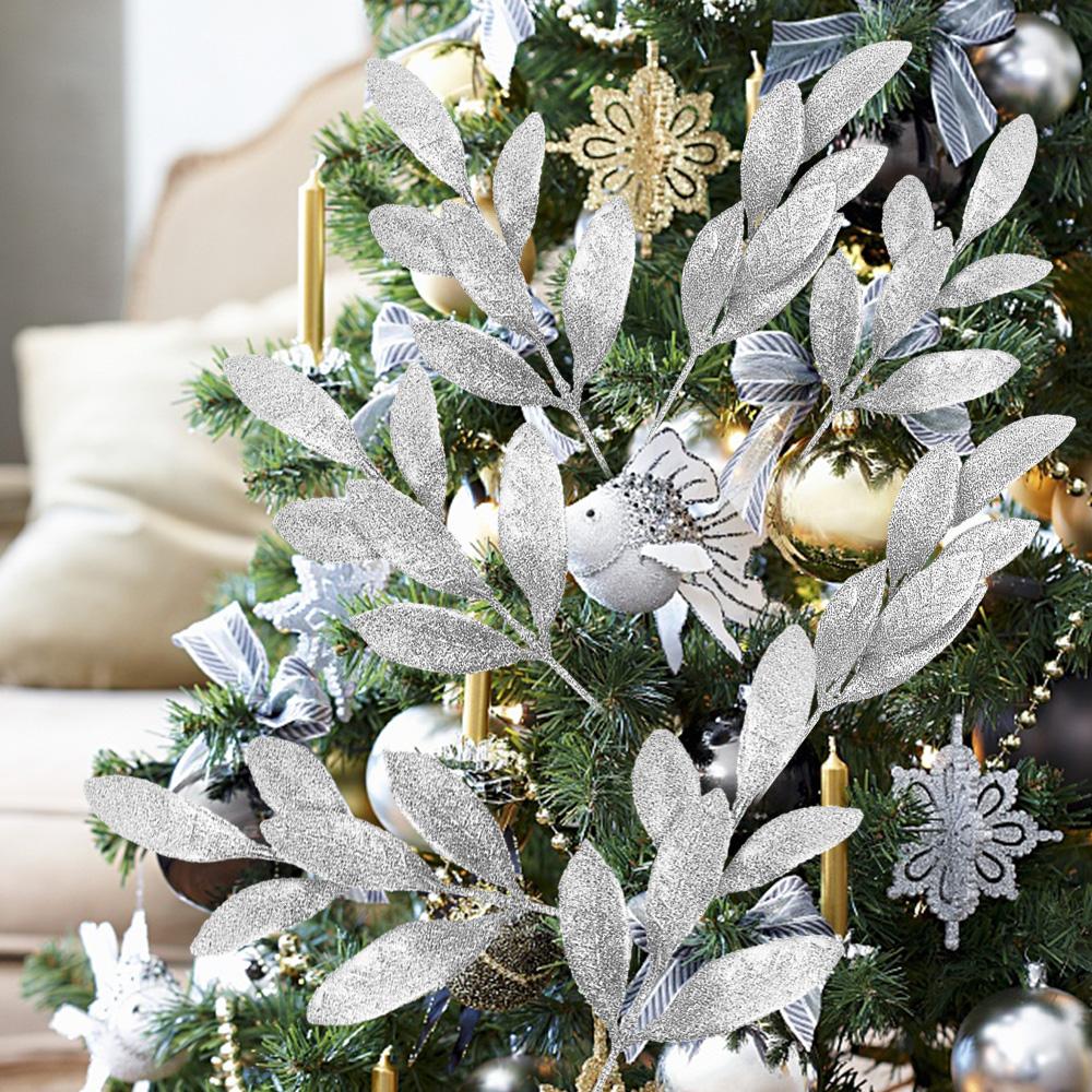 1/20 шт. Рождественские искусственные блестящие листья, поддельные ветки листьев растений, рождественское украшение для елки, свадебная вечеринка, украшение для вазы для дома