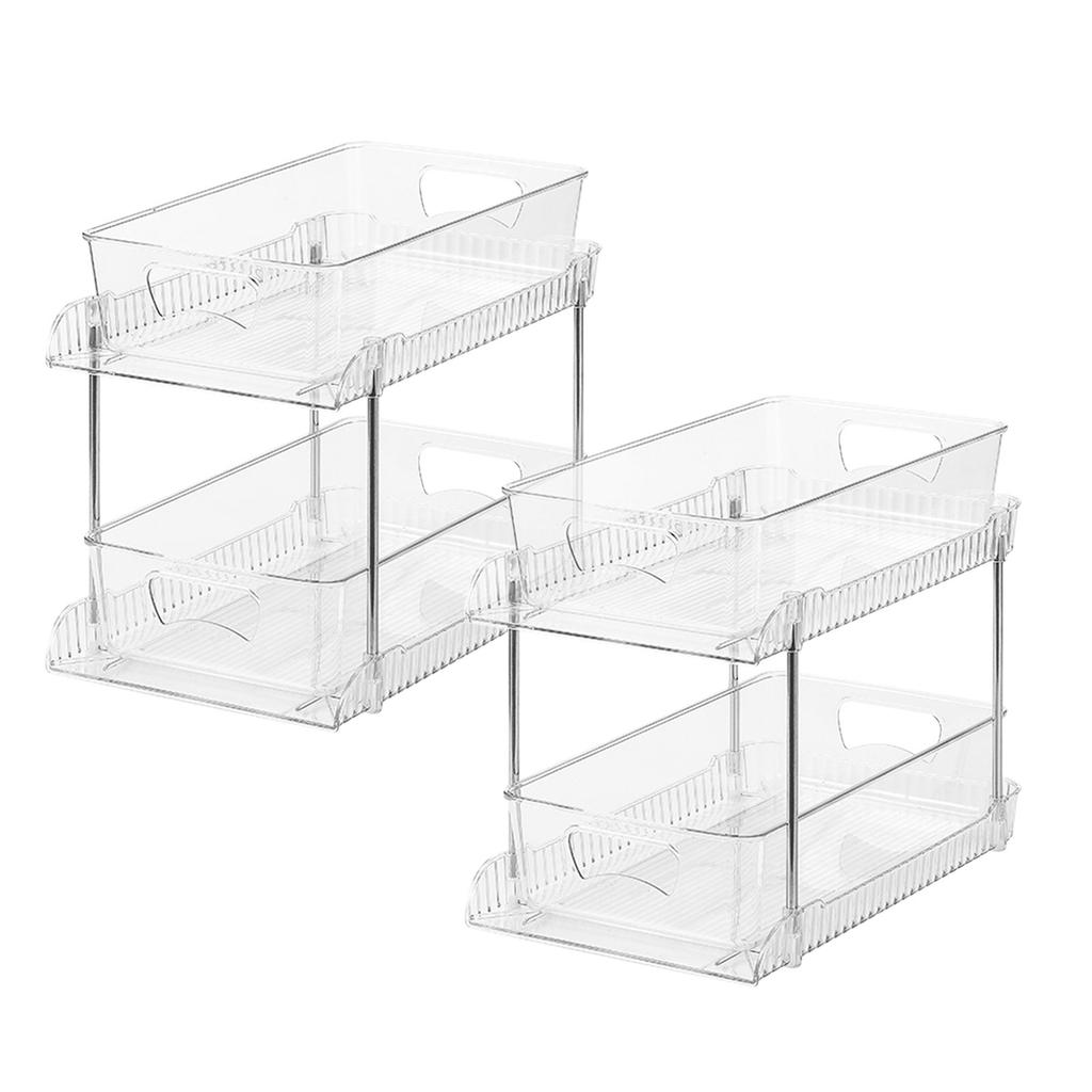 2 Pack Clear Bathroom Organizers 2 Tier Pull Out Multi Purpose Plastic Drawer Storage for Under Sink Kitchen