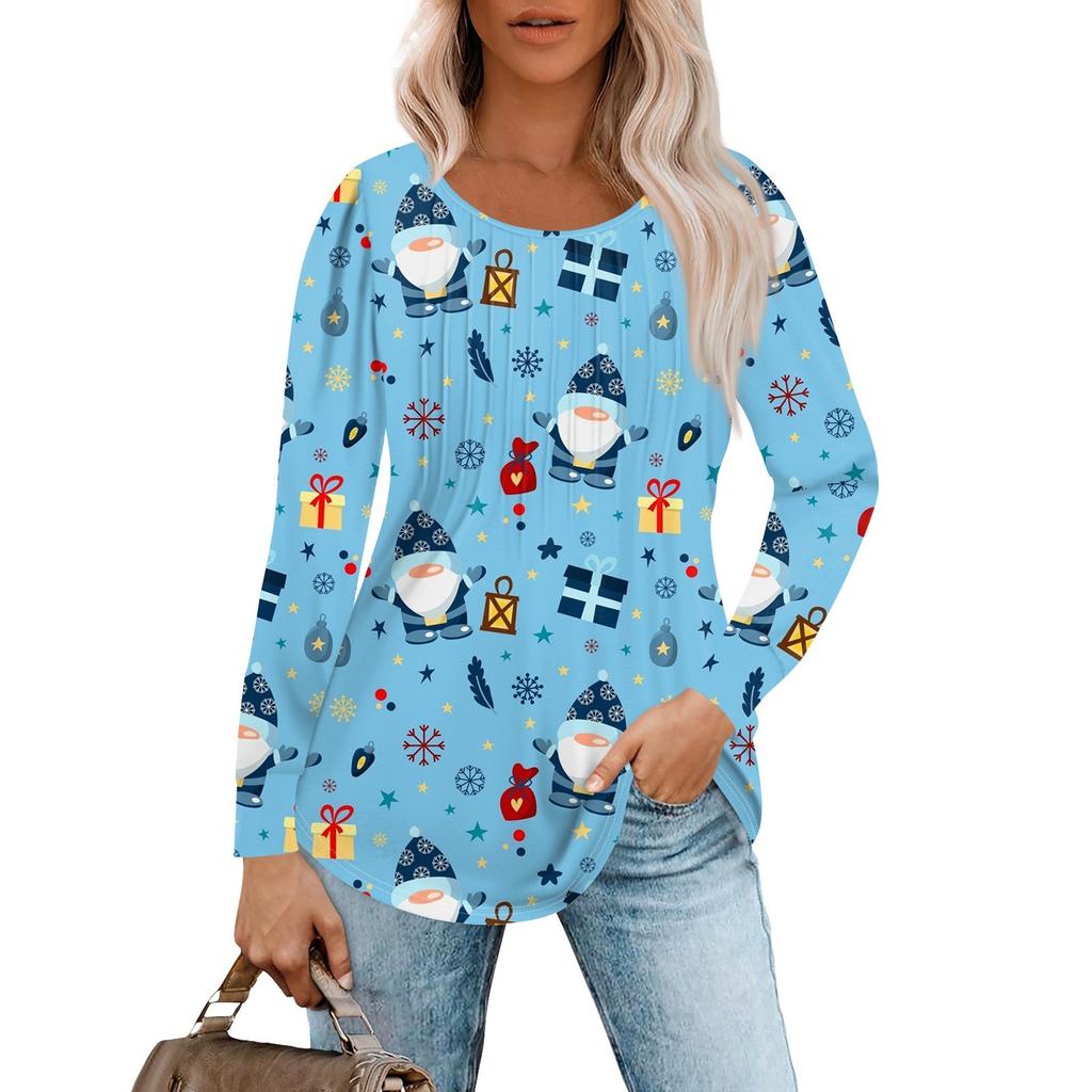 Женская повседневная футболка с круглым вырезом и длинными рукавами с рождественским принтом и складками