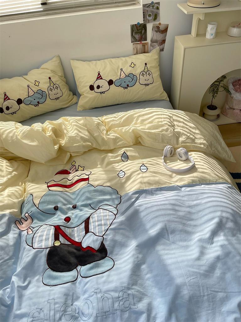 Стираный хлопок с вышивкой «девчачье сердце» из чистого хлопка, комплект из четырех предметов из стираного хлопка, простыня из чистого хлопка, пододеяльник