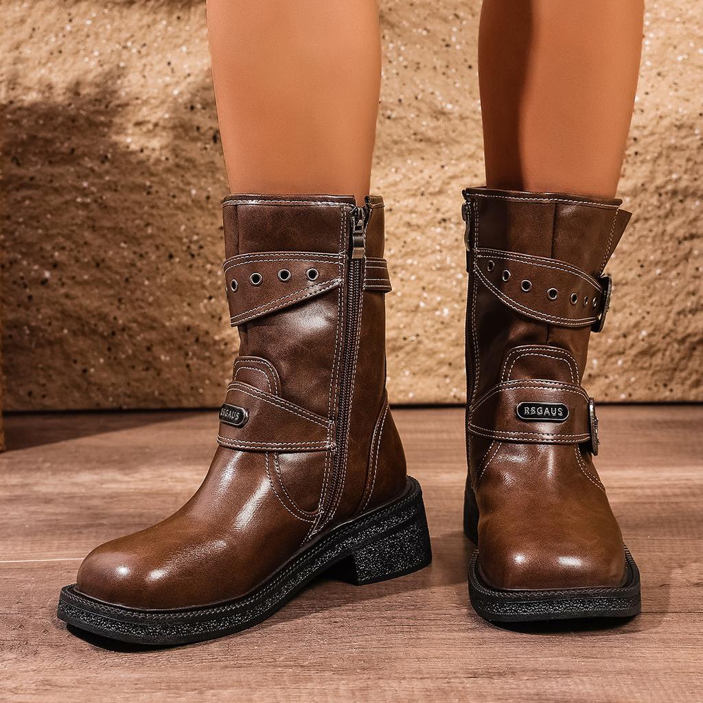 Модные винтажные ботинки до середины икры с ремешком и пряжкой для женщин, коричневые из искусственной кожи, мотоциклетные ботинки в стиле милитари, женские осенне-зимние ботильоны на массивном каблуке