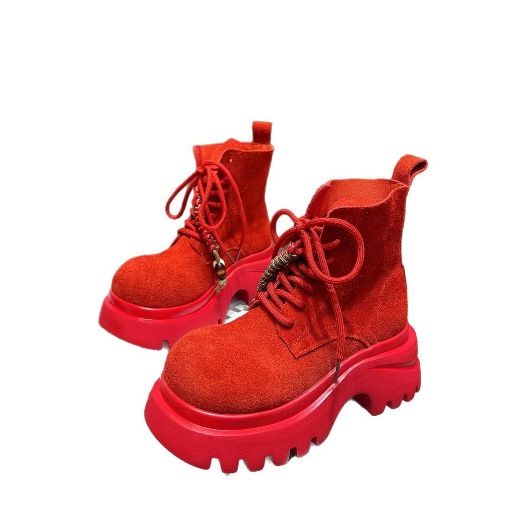 2025 осень новые матовые кожаные ботинки Мартин женская обувь платформа маффин круглый носок шнуровка повседневные ботинки-локомотивы короткие ботинки женские