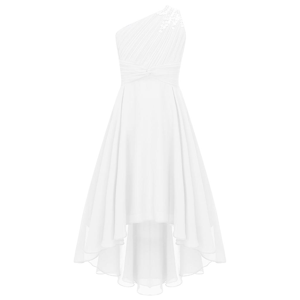 Kids Girls One Shoulder Sleeveless Bridesmaid Dress High Waist Party Dress for Evening Proms Gowns