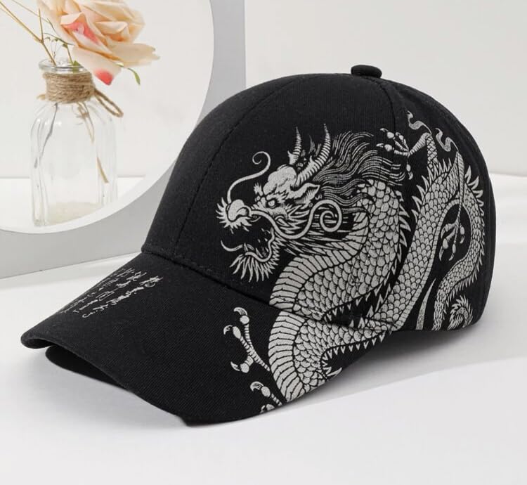 Sproutsy Men's Japanese Dragon Cap, Cool Design, Unisex, Kanji Design (Black)