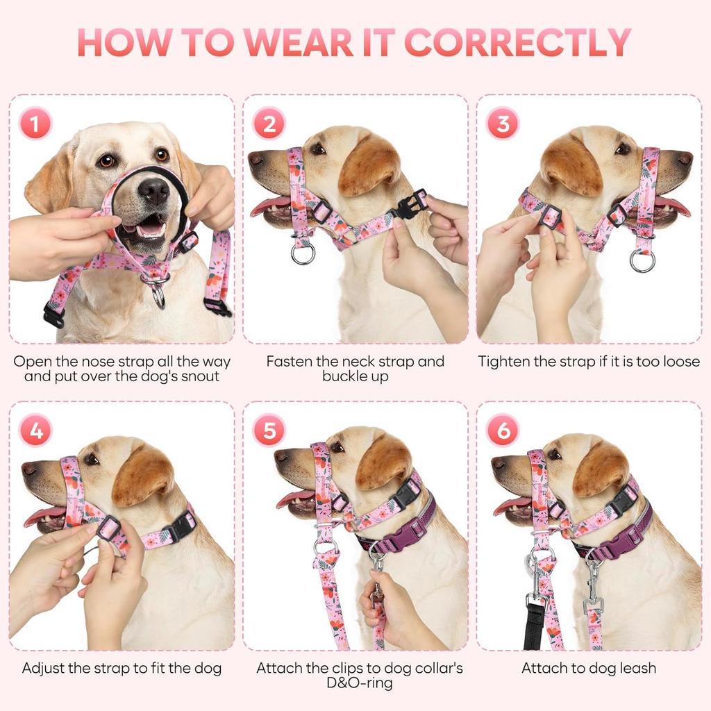 Dog Head Collar, Printed No-Pull Headcollar, Adjustable Dog Head Halter Gentle Lead with Safety Link, 3 Colors Muzzle Leash for Small Medium Large