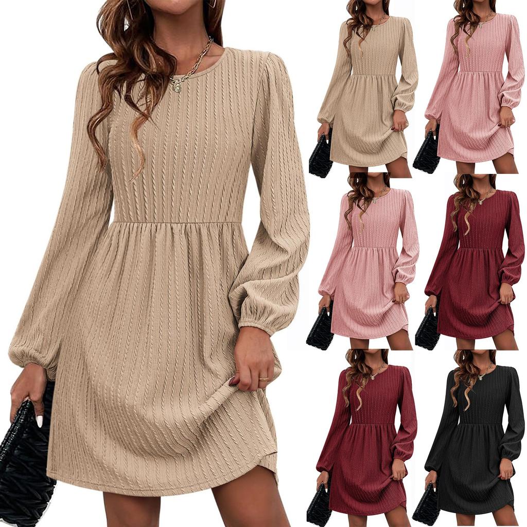 Women's Fashion Casual Solid Round Neck Pullover Loose Long Sleeve Dress