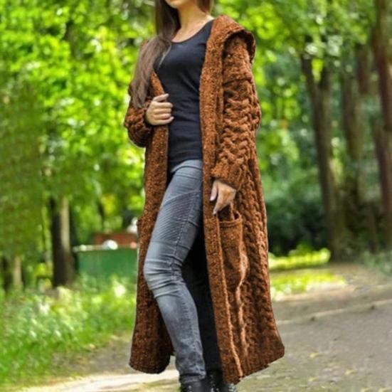 Женская кофта-свитер с карманами средней длины с капюшоном трикотажная скрученная текстура однотонная