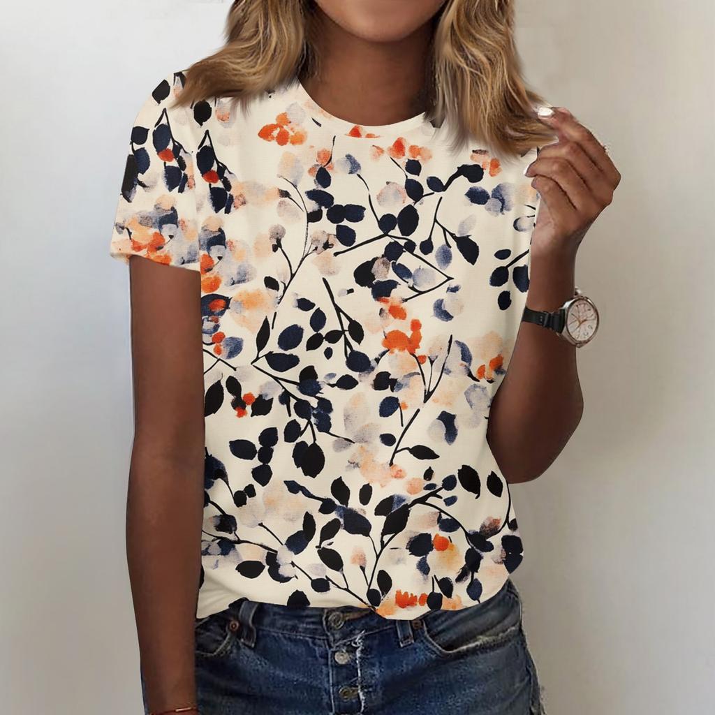Women's Fashion Casual Printed Round Neck Short Sleeved T-Shirt Top T-Shirt Top Top