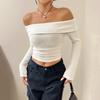 Knitted Women's Off Shoulder Long Sleeve Cropped T-Shirt Casual Rib Knit Sweater