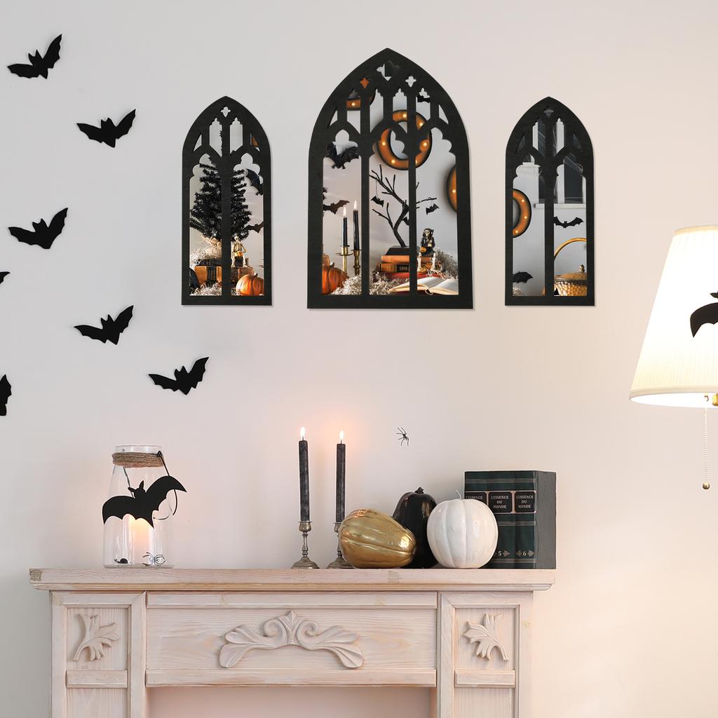 3Pcs Gothic Arched Window Wall Mirror Set Self-Adhesive Cathedral Arched Mirror Rustic Farmhouse Accent Mirror for Home Decor