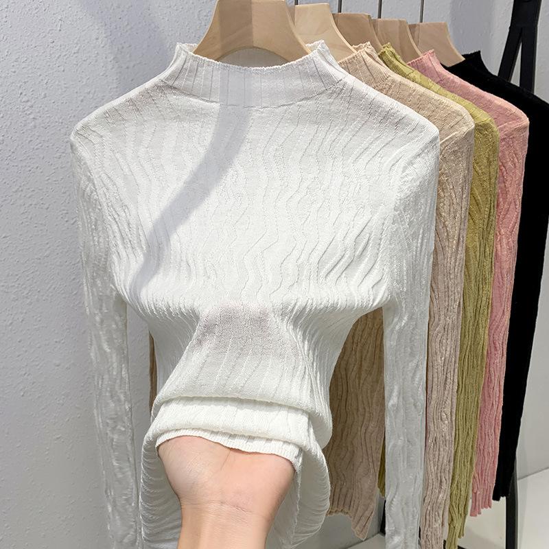 Вязаная базовая футболка для женщин Новый женский темперамент Пуловер с полувысоким воротником Свитер Облегающий топ