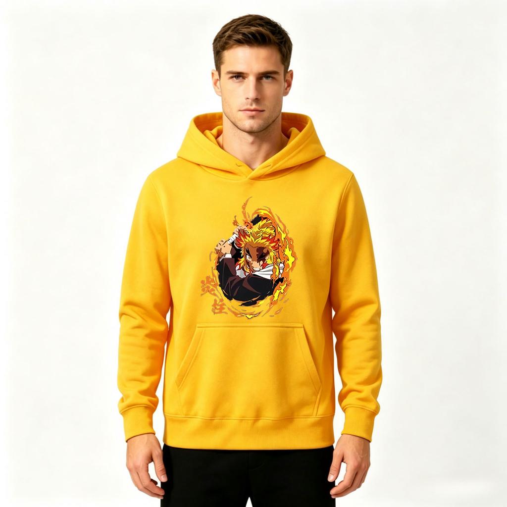 Men Anime Print Pullover Hoodie Casual Flame Character Long Sleeve Sweatshirt